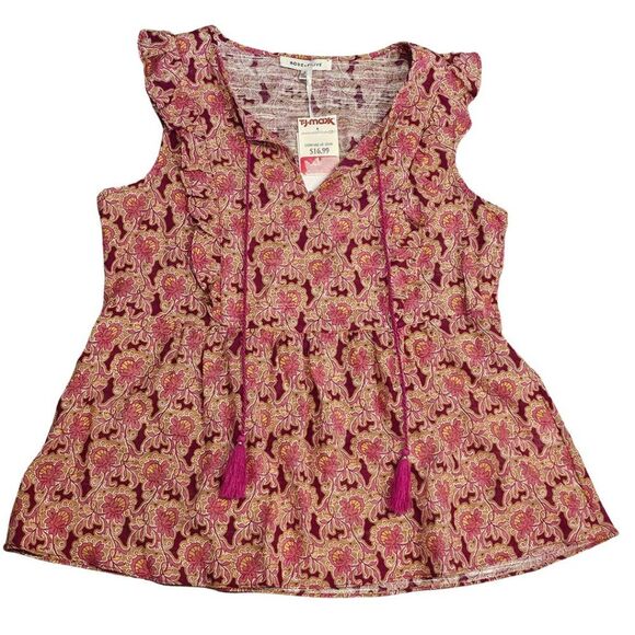 Rose+Olive Sleeveless Blouse Top Boho Ruffles 100% Cotton Flowy Printed Pink M - Picture 1 of 6